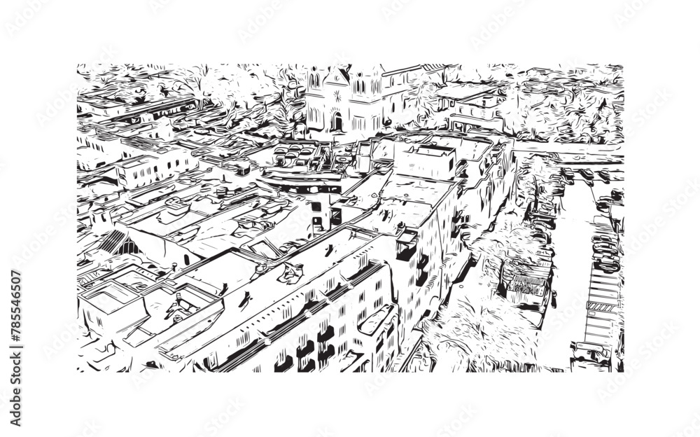 Print Building view with landmark of Santa Fe is the capital in New Mexico. Hand drawn sketch illustration in vector.