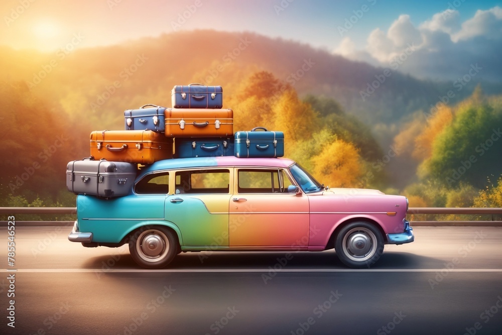 bright multi-colored car with suitcases on the road