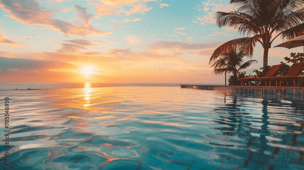 Soft focus on a high-end hotel pool facing a calm beach at sunset, nobody in the image 02