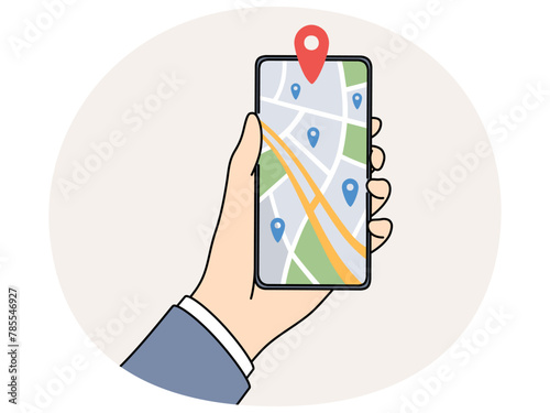 Closeup of person holding cellphone with GPS pointer on digital map. Man with smartphone track location on virtual map on device. Vector illustration.