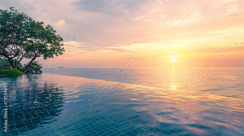 Soft focus on a high-end hotel pool facing a calm beach at sunset, nobody in the image 01 © Maelgoa