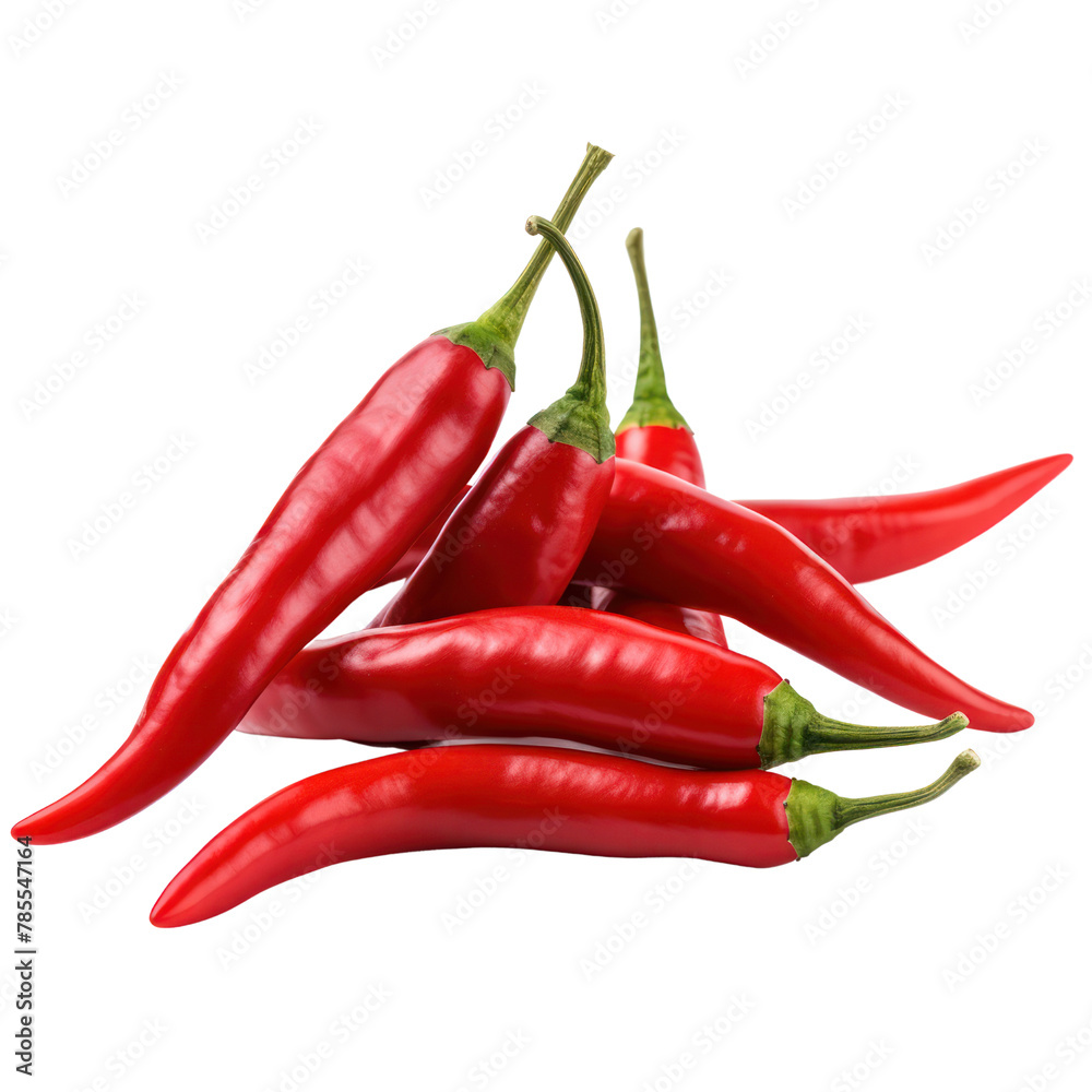 group of fresh red chilli pepper bunch isolated on transparent background.