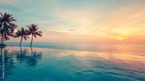 Obscured view of a luxury hotel pool overlooking a breathtaking beach at sunset  nobody in the image