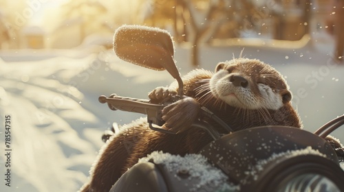 otters sleeping on a Motorcycle during the snow photo