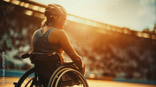 Disabled athlete on the stadium. Portrait of disabled professional female sportsman on a wheelchair, on the competition, Olympic games or championship. photo