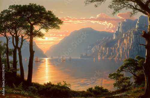 Twilight descending on a peaceful bay with sailing boats and mountains basked in a warm sunset glow © InkCrafts
