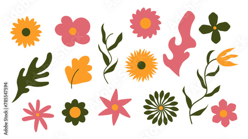 Set de fleurs et feuilles vectorielles avec des formes fluides et colorées