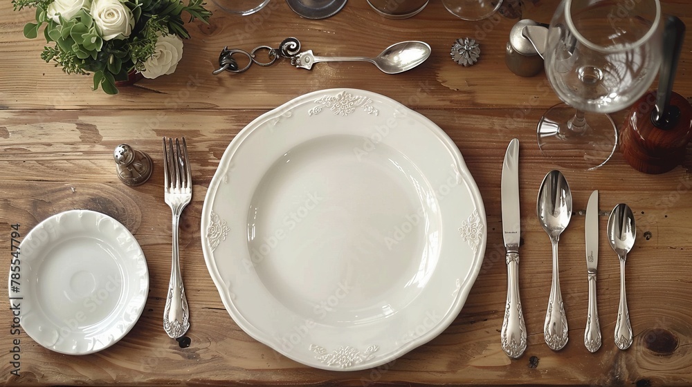 An elegant setup with a shiny white plate on a light wood table accompanied by silver cutlery, perfect for a sophisticated dining concept An elegant setup with a shiny white plate on a light wood table accompanied by silver cutlery, perfect for a sophisticated dining concept