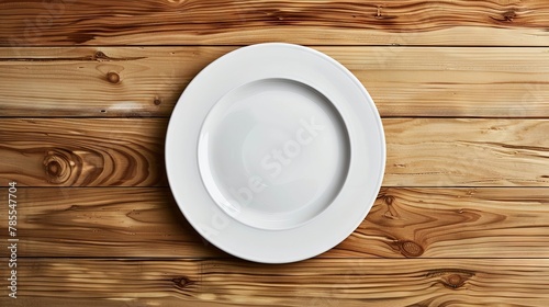 A simple yet striking white plate on a light birch table with distinct wood grains, highlighting natural beauty and design purity