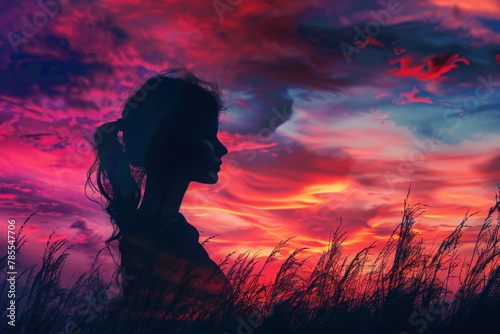 girl silhouette on colorful sunset background