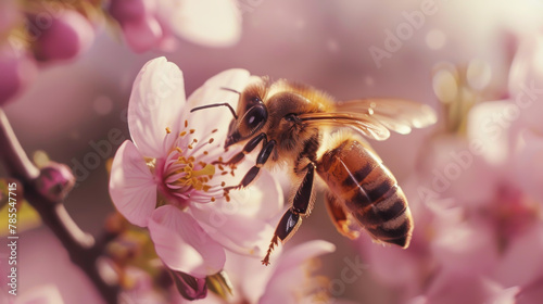 A close-up photo of a bee on a brightly Sakura or Cherry Bloom. The bee is fuzzy and black with yellow stripes. It is perched on the center of the flower, which has large, pink petals.  © InkCrafts