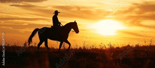 man riding a horse in at sunset