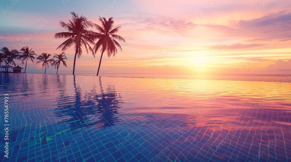 Indistinct image of a high-class hotel pool with a vista of a calm beach at sunset, nobody around 01