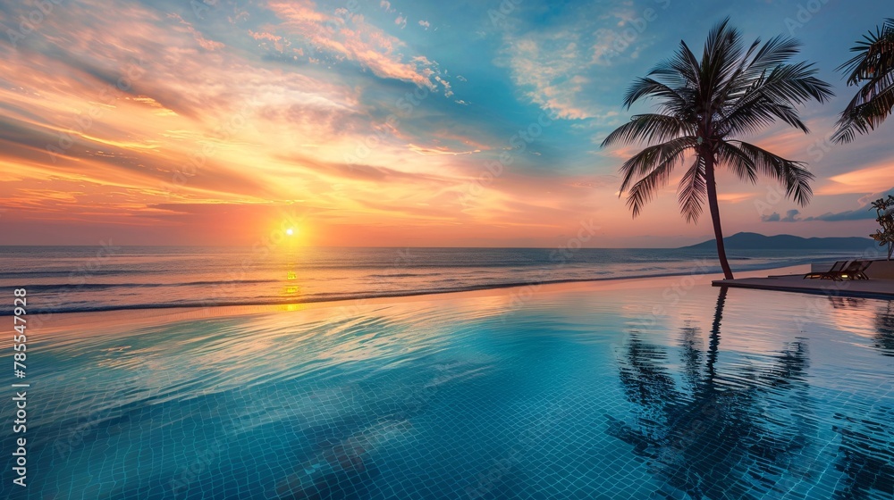Indistinct image of a high-class hotel pool facing a stunning beach at sunset, no one around