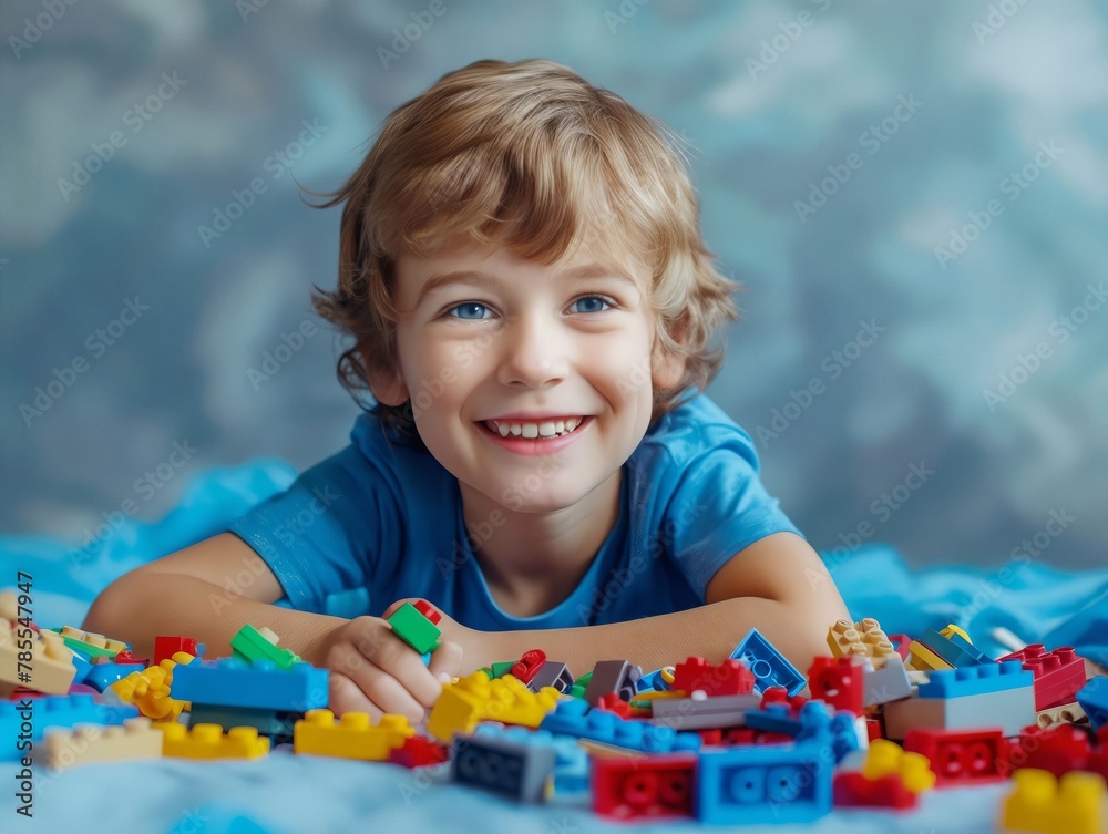 A smiling boy laying on a bed with blocks. A smiling boy laying on a bed with blocks.