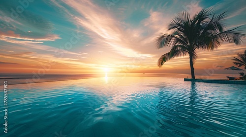 Indistinct image of a high-class hotel pool with a vista of a calm beach at sunset  nobody around 03