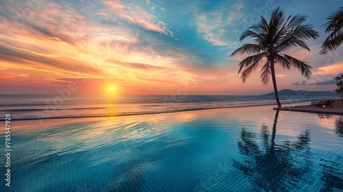 Indistinct image of a high-class hotel pool facing a stunning beach at sunset, no one around