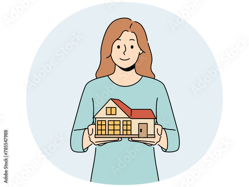 Smiling woman holding house model in hands. Happy female real estate agent with home maquette recommend service to client. Realty and rent. Vector illustration.