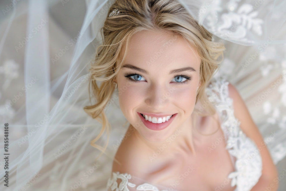 Detailed shot of a blonde bride's blue eyes sparkling with happiness as she twirls in her wedding dress, the layers of tulle and lace swirling around her, capturing the joy of the moment Detailed shot of a blonde bride's blue eyes sparkling with happiness as she twirls in her wedding dress, the layers of tulle and lace swirling around her, capturing the joy of the moment
