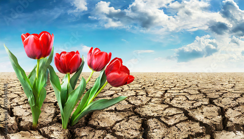 Bright red tulips bloom defiantly in the middle of a dry, cracked desert landscape under blue skies and light cloud cover. The blooming flowers and parched earth symbolise hope.AI generated.