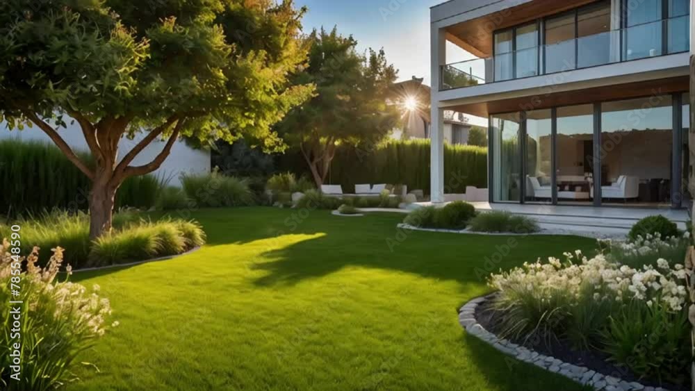 Lawn with grass and flowers in the courtyard of a country house in summer Lawn with grass and flowers in the courtyard of a country house in summer
