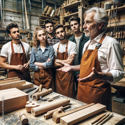 older man giving a cabinetmaking class to young students who listen attentively to his explanations photo