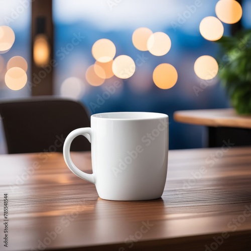 a white coffee cup sits on a wooden table. AI generated