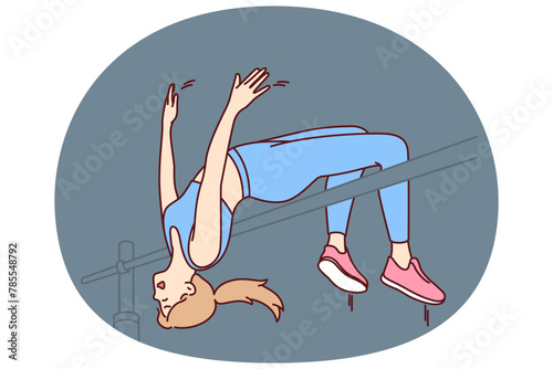 Woman athlete makes high jump over bar wanting to win sport competition or break world record. Girl involved in athletics flies over bar upside down during world championships in athletics
