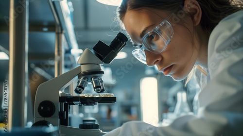 Beautiful blonde female scientist, intently studying under a microscope in her lab