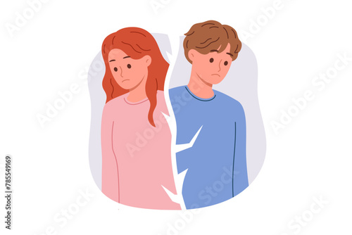 Broken couple of man and woman cannot be together due to mutual grievances or lack of money for wedding. Crack between couple of boyfriends and girlfriend appeared after betrayal or adultery