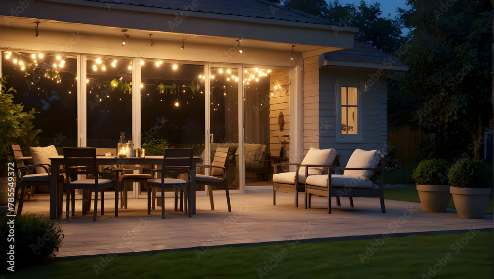 Beautiful suburban house patio in summer evening with garden lights.