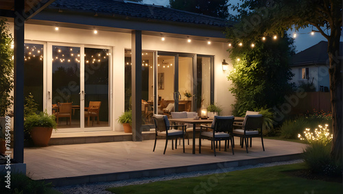 Beautiful suburban house patio in summer evening with garden lights. © Stocker M A