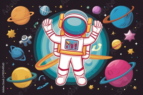 Vibrant astronaut in space surrounded by cosmic wonders, offering ample copy space for text