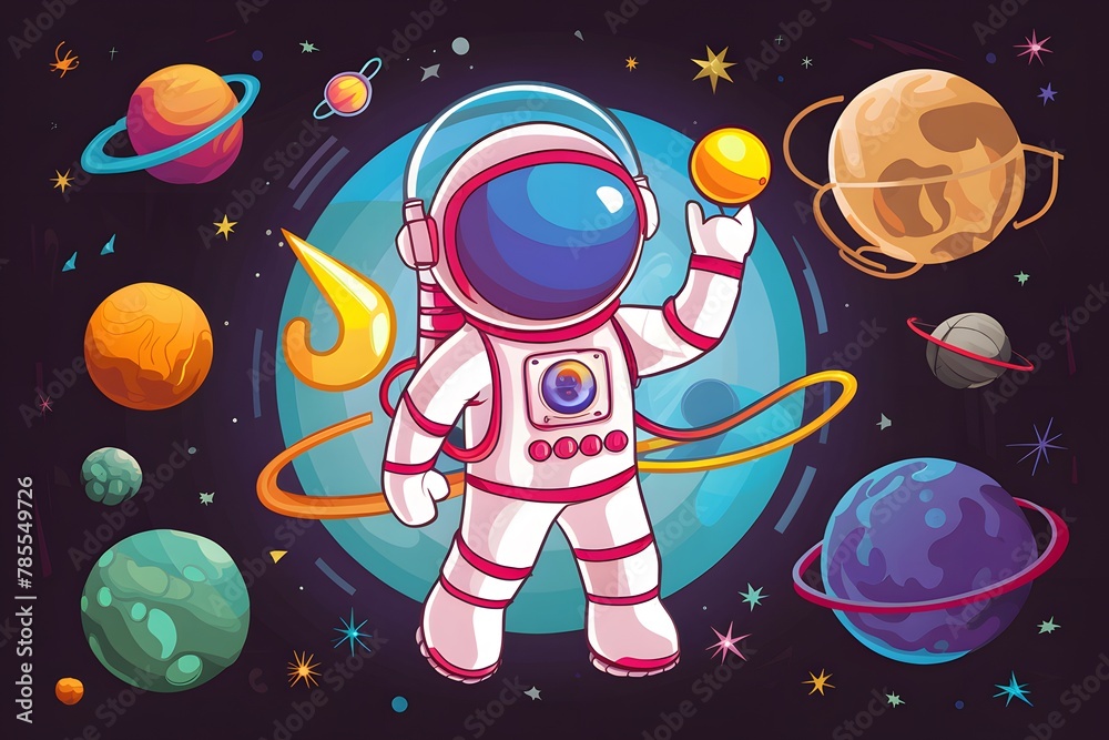 Vibrant astronaut in space surrounded by cosmic wonders, offering ample copy space for text Vibrant astronaut in space surrounded by cosmic wonders, offering ample copy space for text