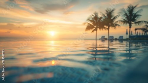 Blurred view of a luxurious hotel pool overlooking a paradisiacal beach at sunset with no one in the image 03 © Maelgoa