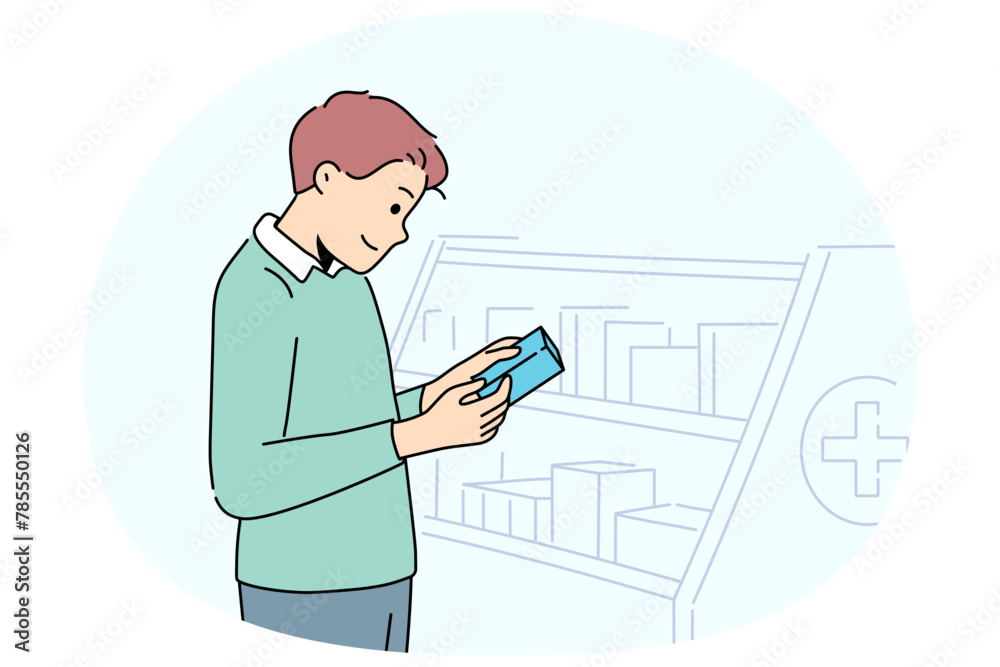 Smiling man choose product on shelf in drugstore. Happy male customer or client buy medication from pharmacy. Healthcare and medicine. Vector illustration. Smiling man choose product on shelf in drugstore. Happy male customer or client buy medication from pharmacy. Healthcare and medicine. Vector illustration.
