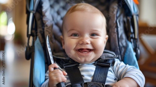 A smiling baby with a knife in his hand in his pram 01