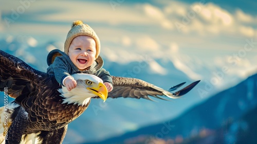 A smiling baby on the back of an eagle flying over a mountain 03