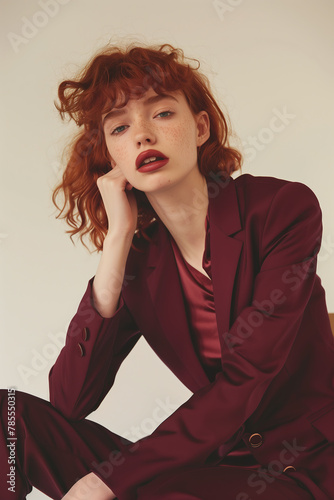 Portrait of a beautiful red-haired model. Girl wearing burgundy modern casual suit, sitting and posing on powdery background. Light natural make-up. Fashion magazine style. Studio shot