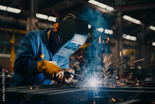 Welding workshop close up with sparks flying, showcasing industrial manufacturing process photo