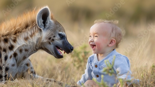 A baby laughing face to face with a hyena on the savannah 02