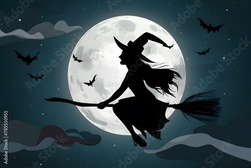 Witch flying on broom at night sky with full moon, evoking Halloween atmosphere