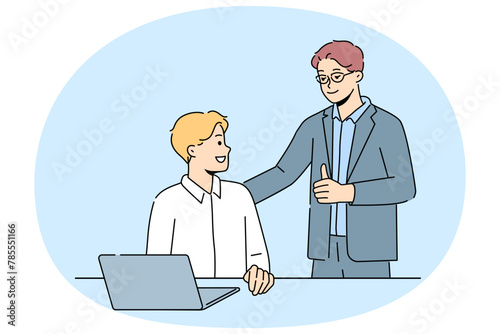 Smiling businessman show thumb up to male employee working on laptop in office. Happy employer praise good working man busy at computer. Vector illustration.