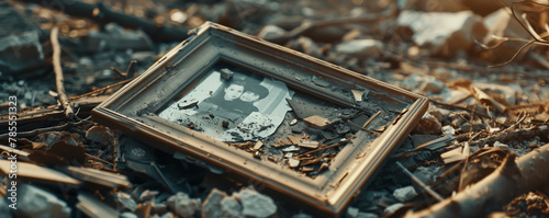 shattered family photo frame lying amidst debris.