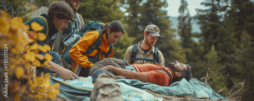 medical emergency on a hiking trail with injured hikers receiving aid from fellow trekkers and emergency responders. photo