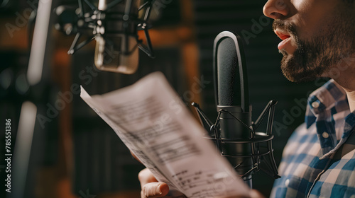 cropped shot of radio host holding microphone and newspaper in recording studio photo