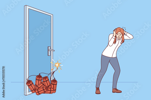 Woman manager sets off explosion to open door, covers ears with hands, standing near dynamite. Concept of being ready to do anything to achieve business goal in career of girl manager