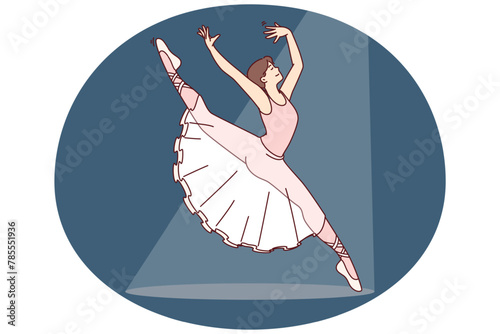 Woman ballerina jumping performs dance on stage of ballet theater performing with crown number in front of audience. Girl ballerina in spotlight is dressed in snow-white dress for classical ballet