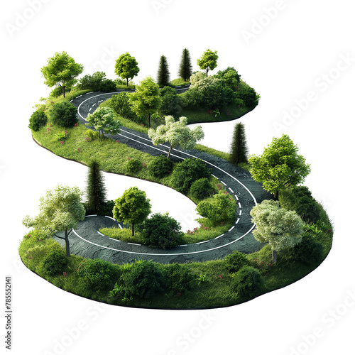 3D piece of green island with highway road isolated on transparent background.