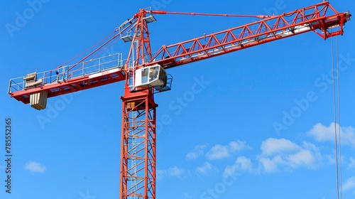 Crane and uncompleted building on construction site with blue sky background for text